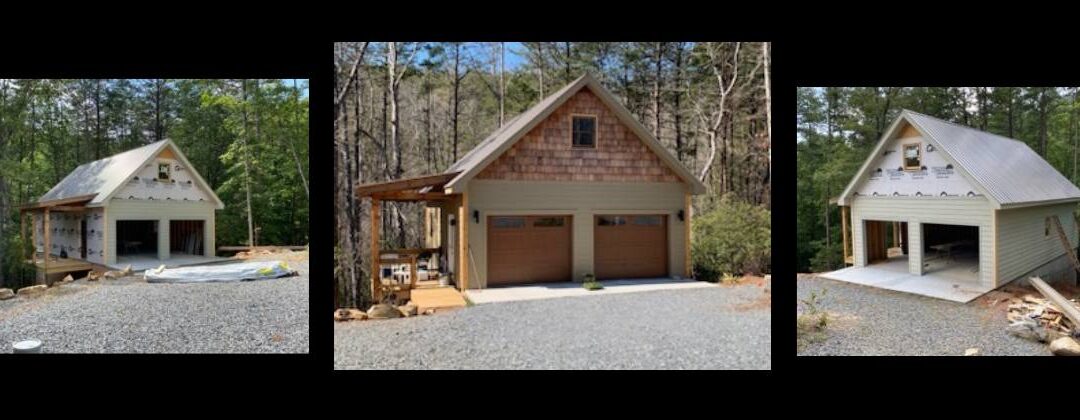 photo collage of custom two-bay garage under construction and completed